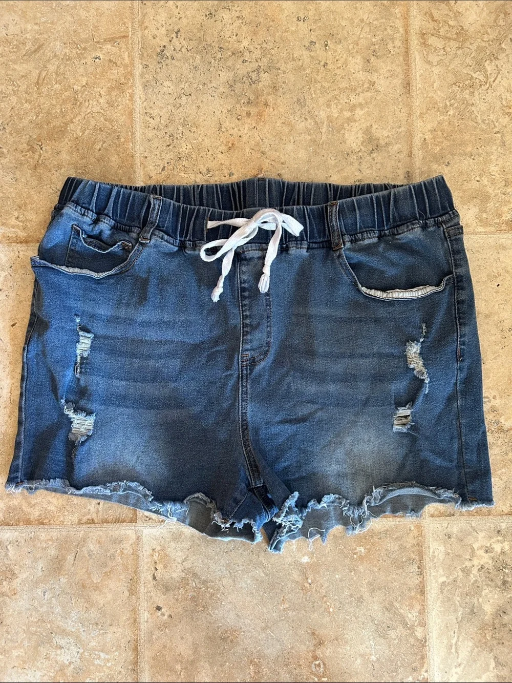 SHEIN Dark Blue Distressed Drawstring Jean Shorts